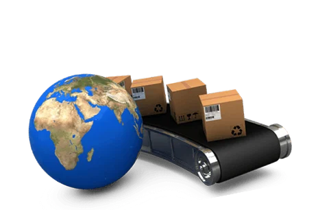 Globe with parcels moving on a conveyor belt