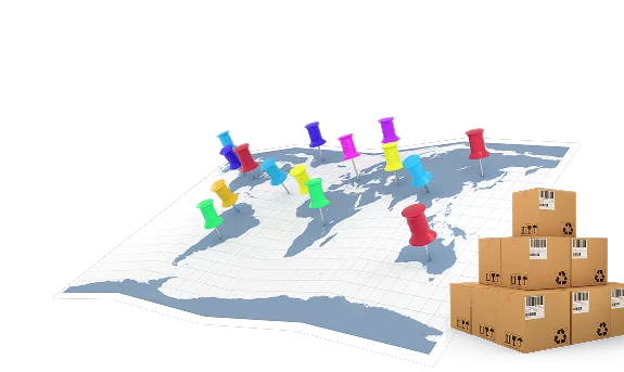 Map with location pins and stacked cartons